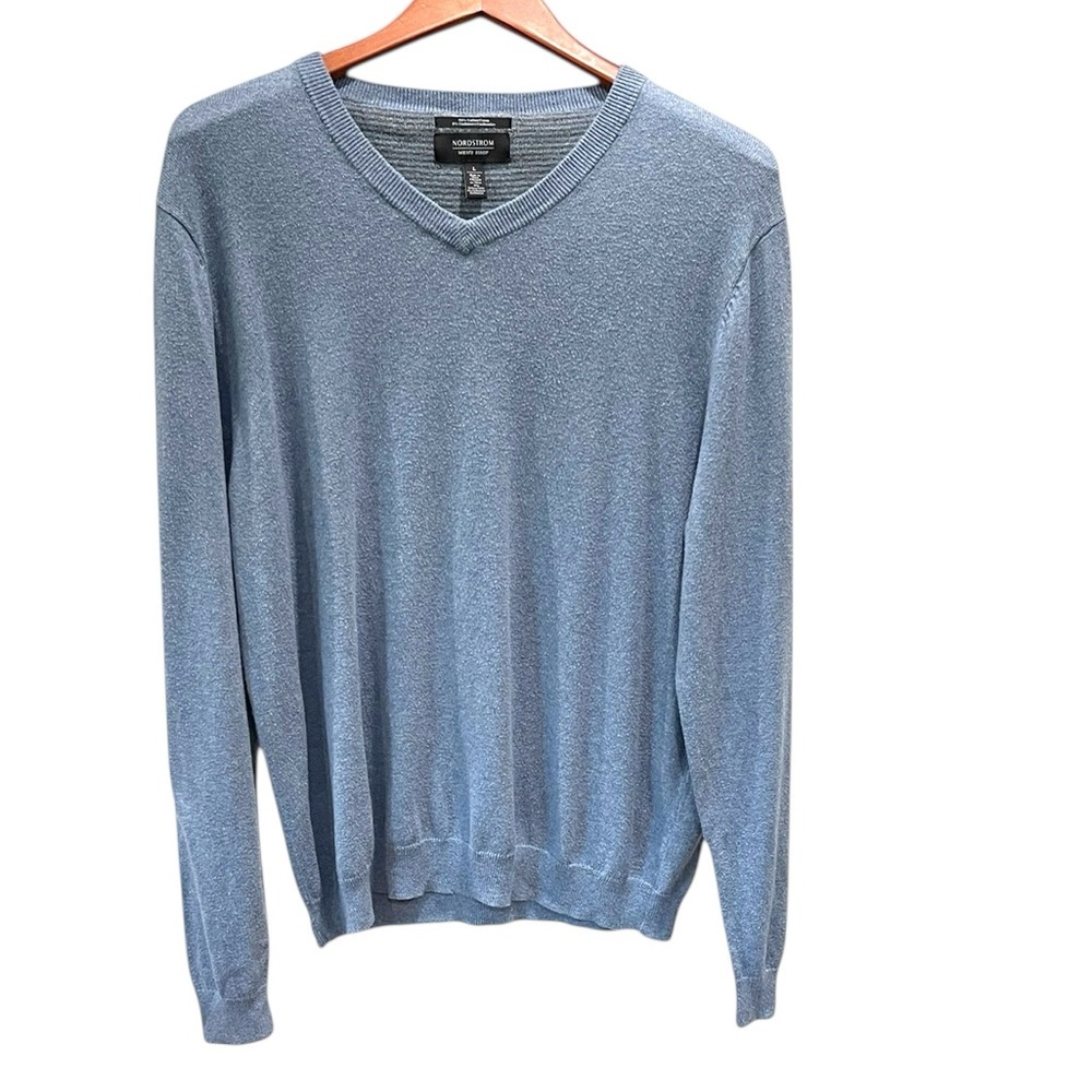 Nordstrom Men’s Shop Cotton Cashmere Vee Neck Sweater SZ L Blue